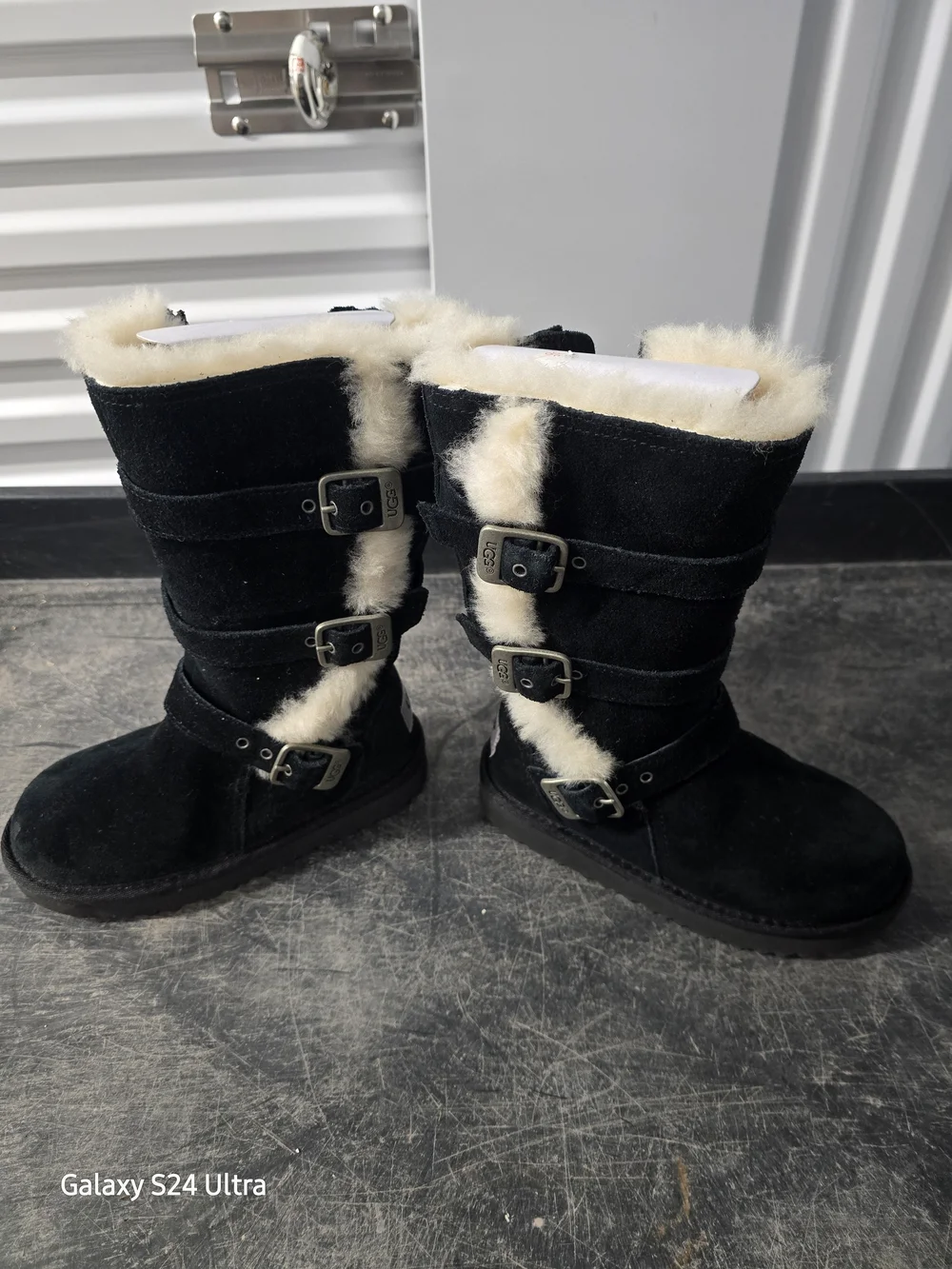 UGG Black Suede Mid-Calf Shearling Buckle Boots